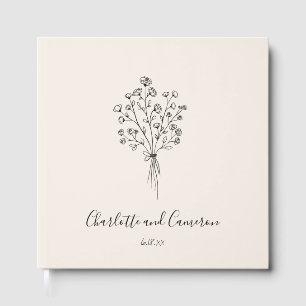 Boho Flower Line Art Drawing Custom Ivory Wedding  Guest Book