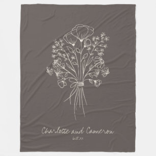 Boho Flower Line Art Drawing Personalised Brown Fleece Blanket