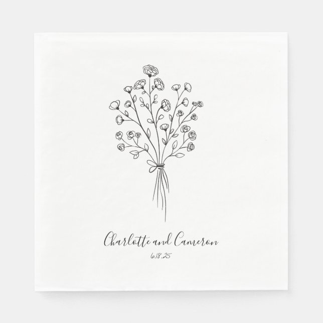 Boho Flower Line Art Drawing Personalised Wedding  Napkin (Front)