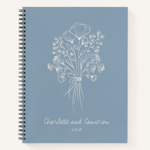 Boho Flower Line Art Personalised Wedding Blue Notebook