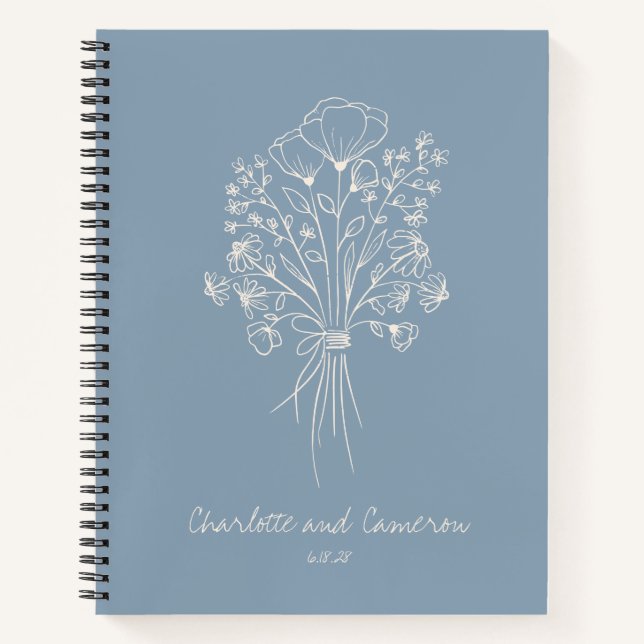 Boho Flower Line Art Personalised Wedding Blue Notebook (Front)