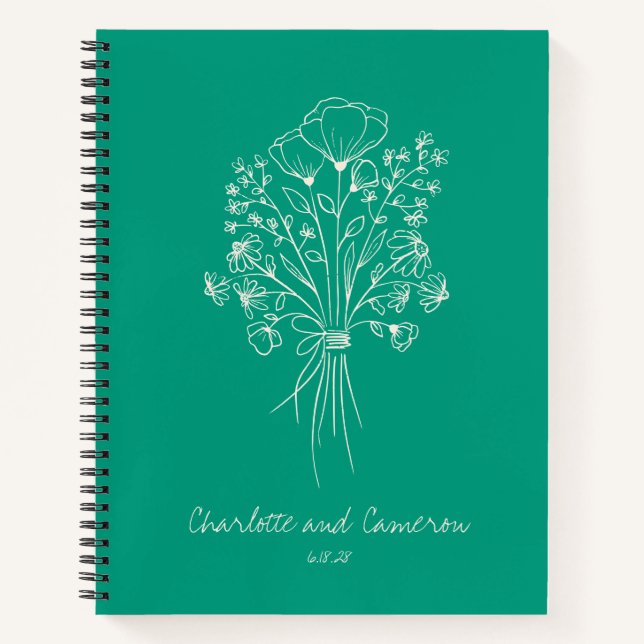 Boho Flower Line Art Personalised Wedding Emerald Notebook (Front)