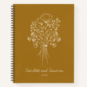 Boho Flower Line Art Personalised Wedding Mustard Notebook