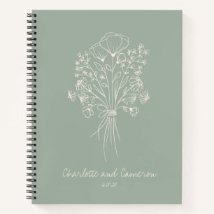 Boho Flower Line Art Personalised Wedding Sage  Notebook