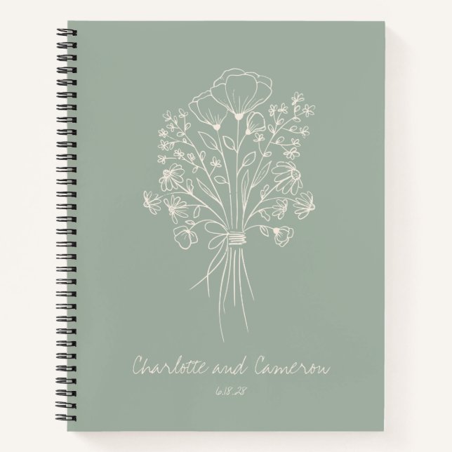 Boho Flower Line Art Personalised Wedding Sage  Notebook (Front)