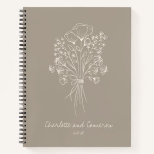 Boho Flower Line Art Personalised Wedding Taupe Notebook