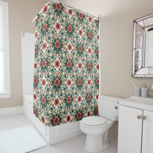 Boho Flower Magic - in Shades of Green and Pink Shower Curtain (In Situ)