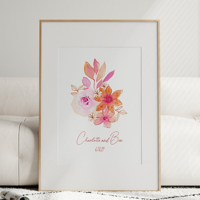 Boho Flower Pink Watercolor Personalised Wedding Poster (Creator Uploaded)
