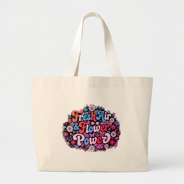 Boho Flower Power Graphic Large Tote Bag (Front)
