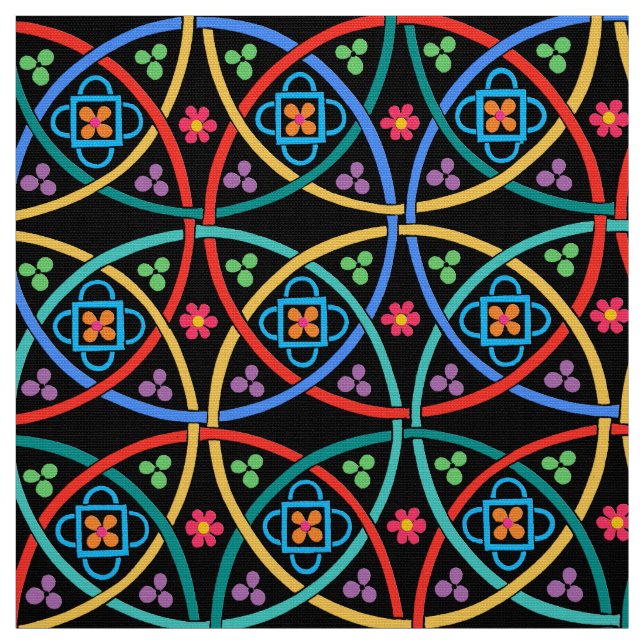 Boho Flower Power on Black Fabric (Swatch)