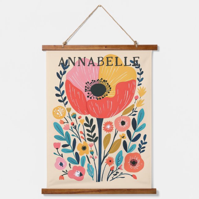 Boho Flower Scandinavian Illustration First Name Hanging Tapestry (Front)