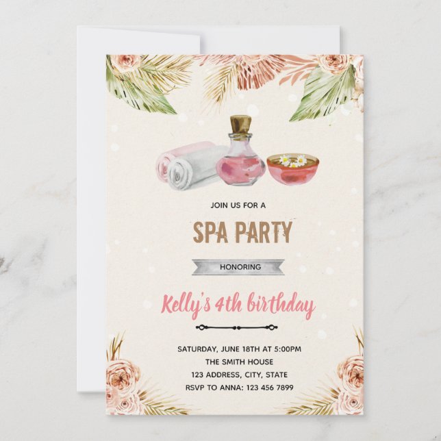 Boho flower spa theme invite (Front)
