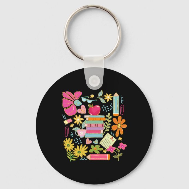 Boho Flower Teacher Book Apple Pencil Funny Back T Key Ring (Front)