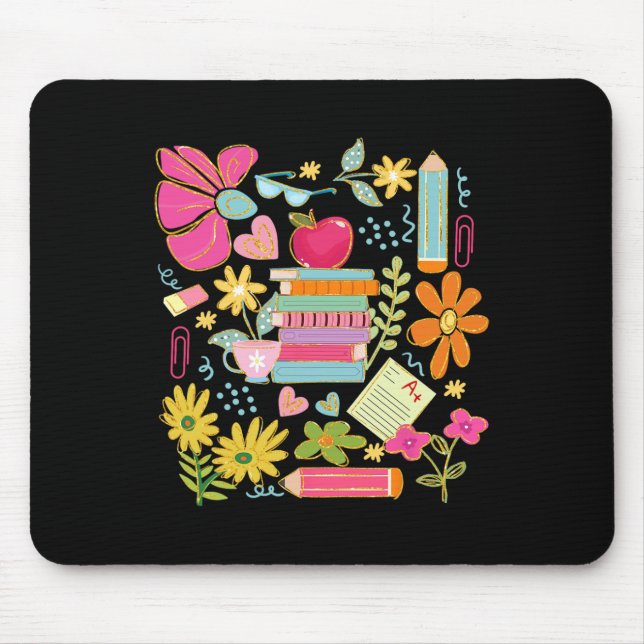 Boho Flower Teacher Book Apple Pencil Funny Back T Mouse Mat (Front)
