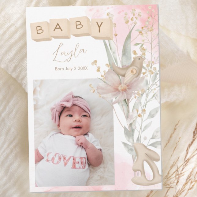Boho Flower Wooden Block Spring Baby Announcement (Creator Uploaded)