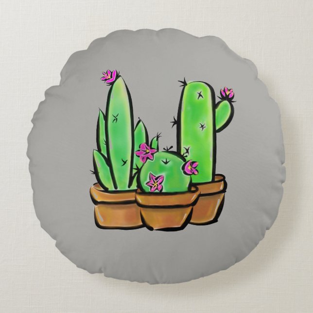 Boho flowering Cactus cacti succulents  Round Cushion (Front)