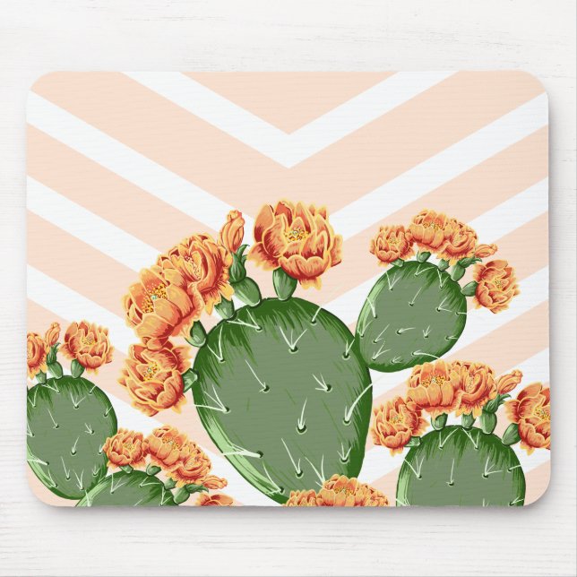 Boho Flowering Prickly Pear Cactus & Chevrons Mouse Mat (Front)