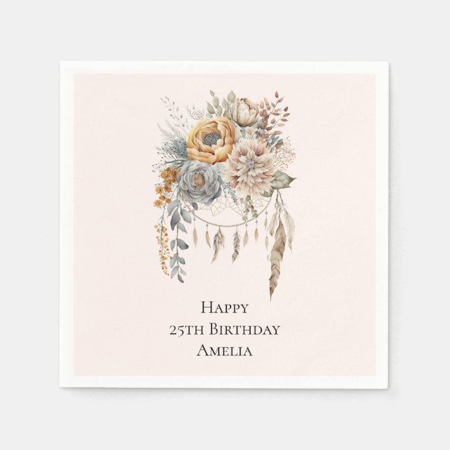 Boho Flowers and Dreamcatcher - Birthday Napkin (Front)