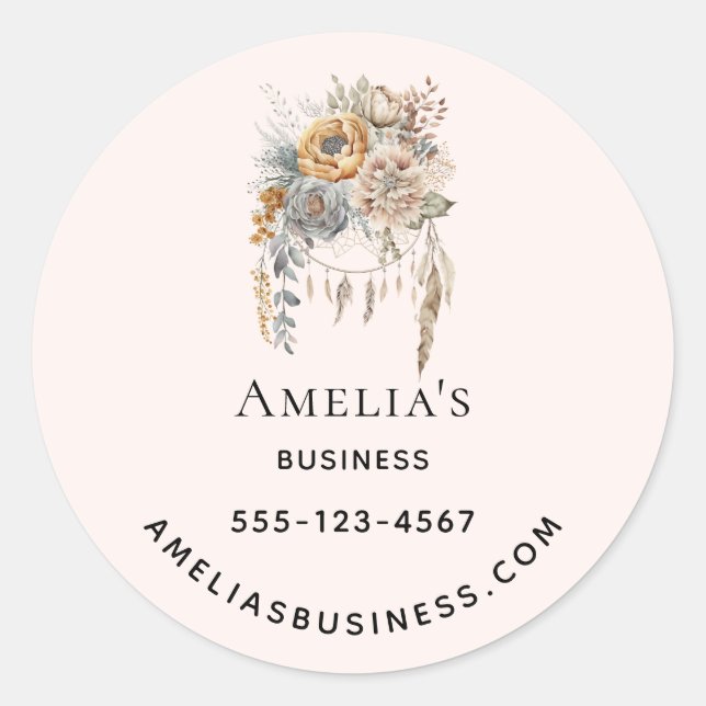 Boho Flowers and Dreamcatcher - Business Classic Round Sticker (Front)