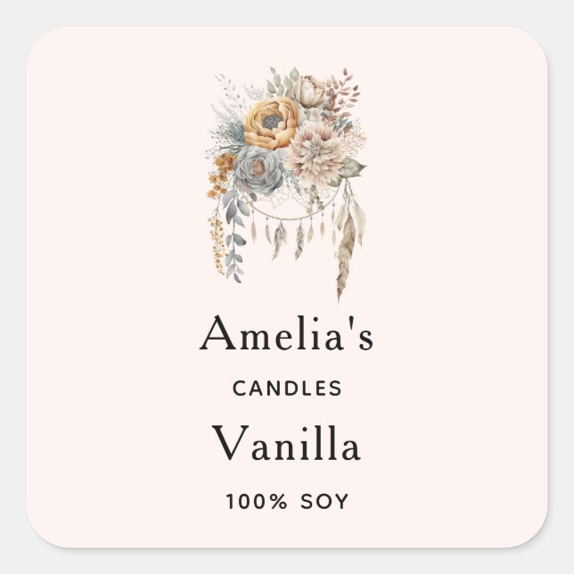  Boho Flowers and Dreamcatcher - Candle Business Square Sticker (Front)