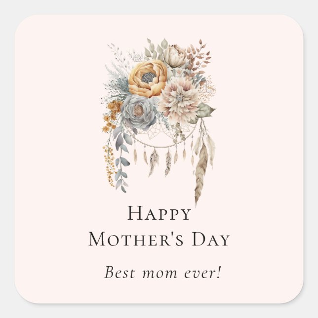 Boho Flowers and Dreamcatcher - Mother's Day Square Sticker (Front)