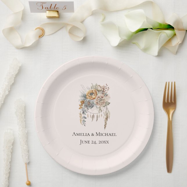 Boho Flowers and Dreamcatcher - Wedding Paper Plate (Wedding)