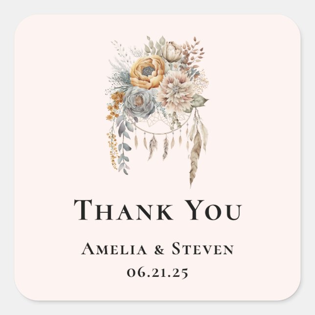 Boho Flowers and Dreamcatcher - Wedding Thank You Square Sticker (Front)