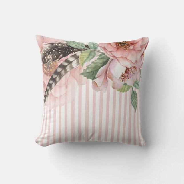Boho Flowers and Feathers Cushion (Front)