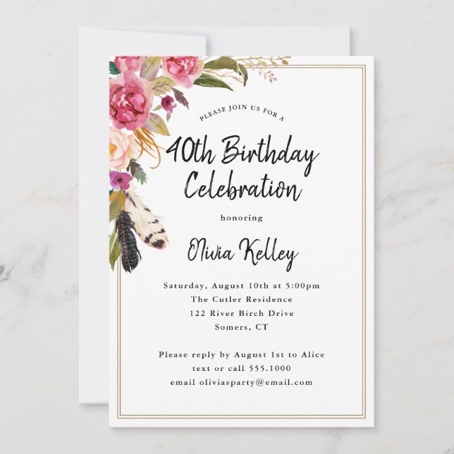 Boho Flowers and Feathers Rustic 40th Birthday Invitation (Front)