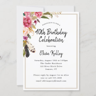 Boho Flowers and Feathers Rustic 40th Birthday Invitation