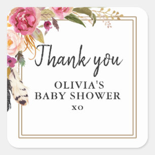 Boho Flowers and Feathers Rustic Thank you Square Sticker