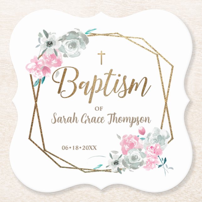 Boho flowers Baby girl name gold cross baptism Paper Coaster (Front)