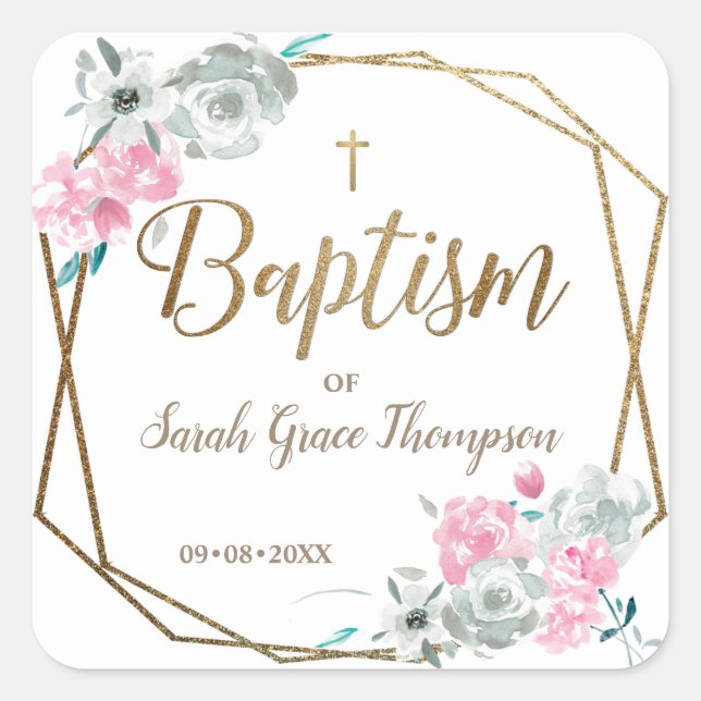 Boho flowers Baby girl name gold cross baptism Square Sticker (Front)