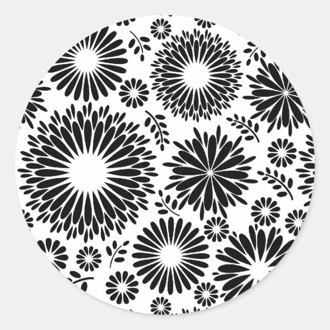 Boho flowers Black and White vector floral pattern Classic Round Sticker (Front)