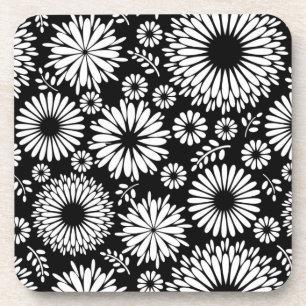 Boho flowers Black and White vector floral pattern Coaster