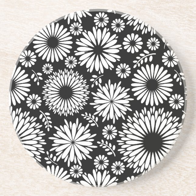 Boho flowers Black and White vector floral pattern Coaster (Front)