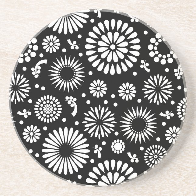 Boho flowers Black and White vector floral pattern Coaster (Front)