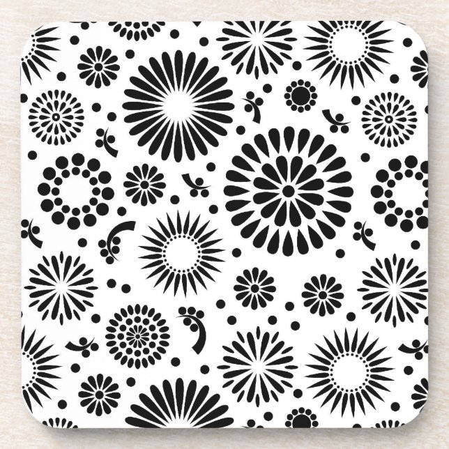 Boho flowers Black and White vector floral pattern Coaster (Front)