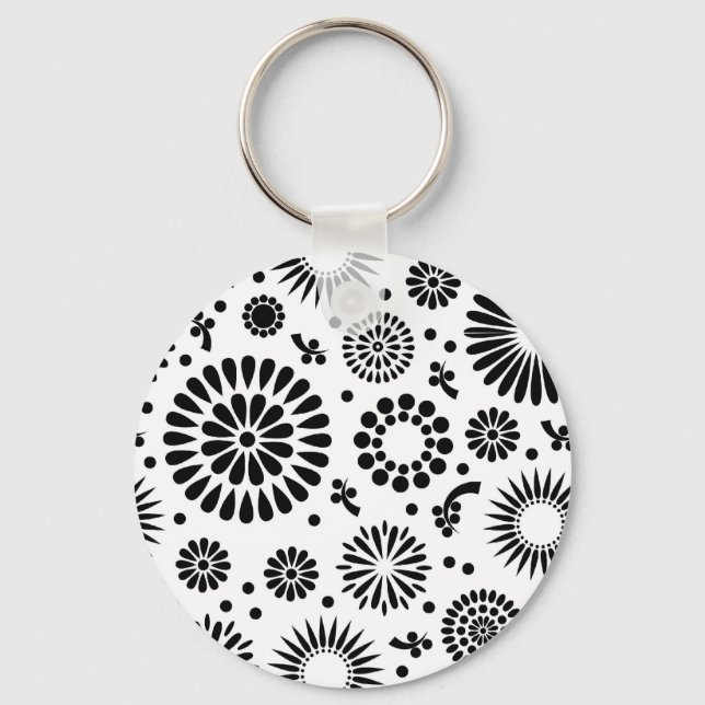 Boho flowers Black and White vector floral pattern Key Ring (Front)