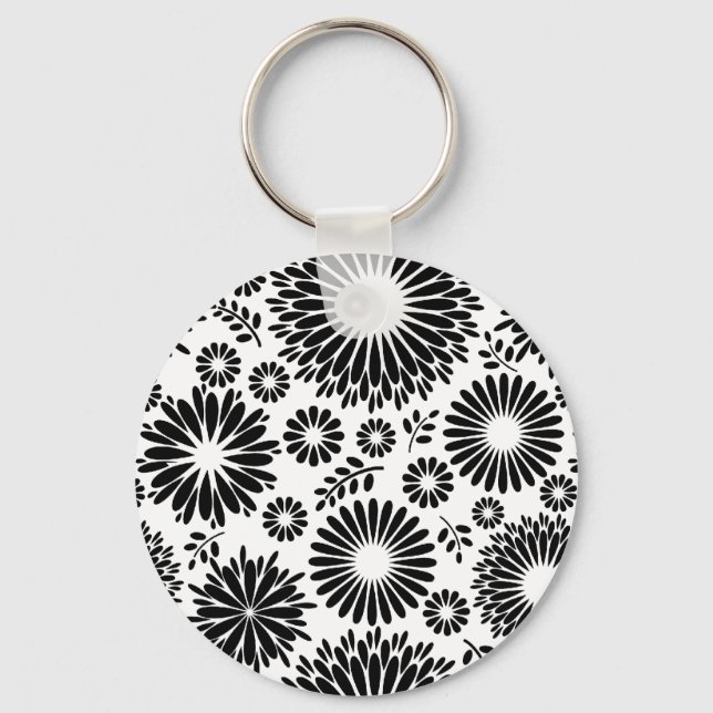 Boho flowers Black and White vector floral pattern Key Ring (Front)