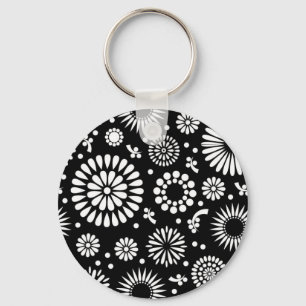 Boho flowers Black and White vector floral pattern Key Ring
