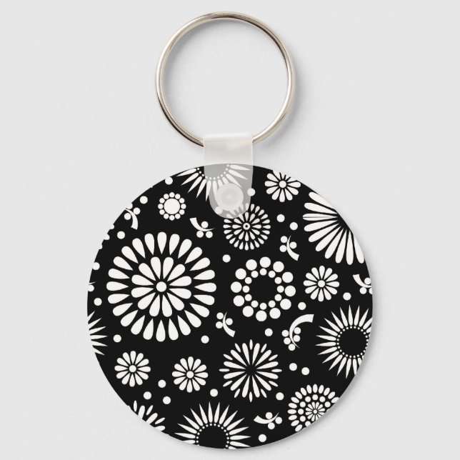 Boho flowers Black and White vector floral pattern Key Ring (Front)