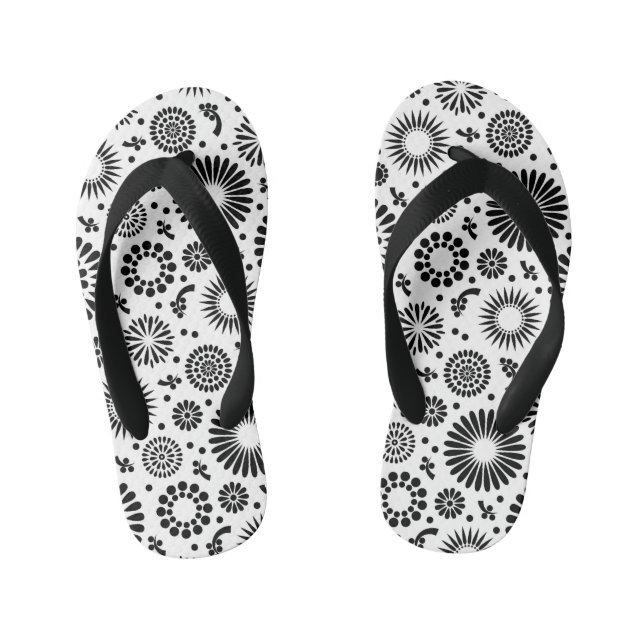 Boho flowers Black and White vector floral pattern Kid's Flip Flops (Footbed)