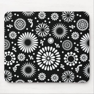 Boho flowers Black and White vector floral pattern Mouse Mat