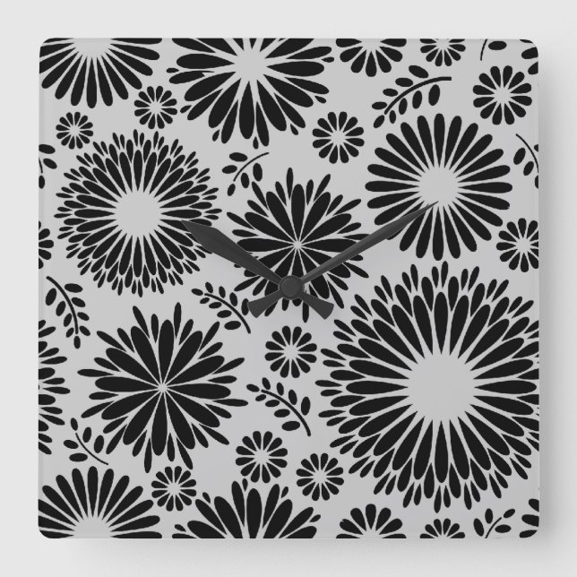 Boho flowers Black and White vector floral pattern Square Wall Clock (Front)