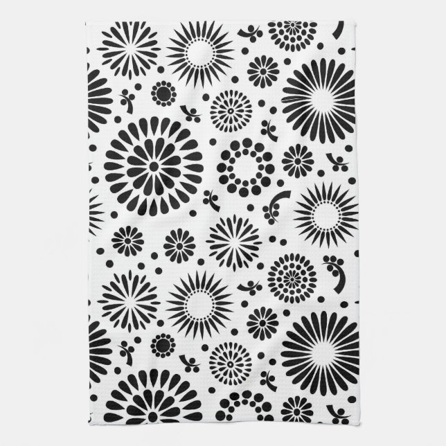 Boho flowers Black and White vector floral pattern Tea Towel (Vertical)
