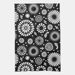Boho flowers Black and White vector floral pattern Tea Towel