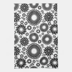 Boho flowers Black and White vector floral pattern Tea Towel