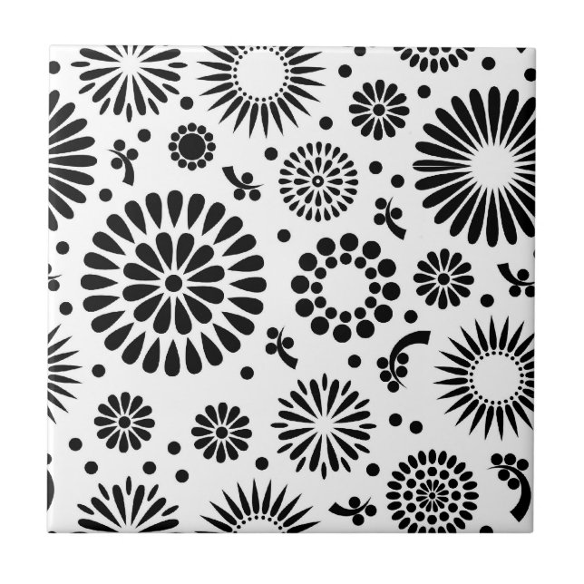 Boho flowers Black and White vector floral pattern Tile (Front)