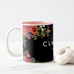 Boho Flowers - Black with Pink Monogram Two-Tone Coffee Mug